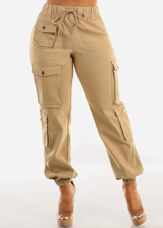 Drawstring Waist Hyper Stretch Cargo Jogger Pants Khaki sold by Moda