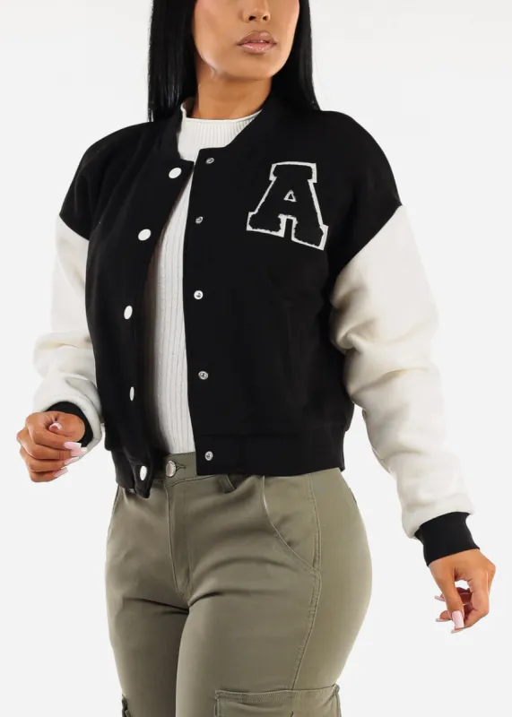 Long Sleeve Fleece Varsity Jacket Black sold by Moda