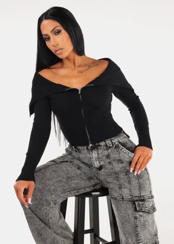 Off Shoulder Zip Up Black Sweater sold by Moda