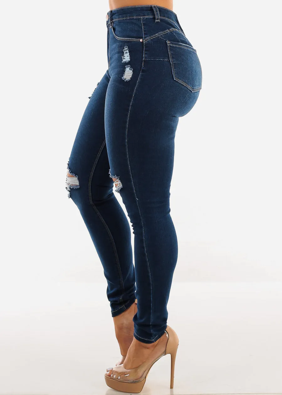 Butt Lift High Waist Distressed Skinny Jeans Dark Blue sold by Moda product image thumbnail 4