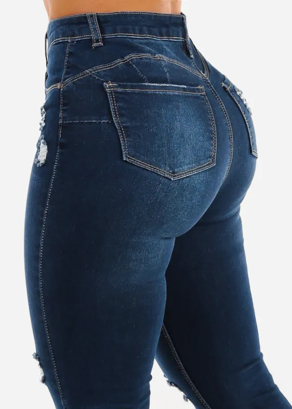Butt Lift High Waist Distressed Skinny Jeans Dark Blue sold by Moda