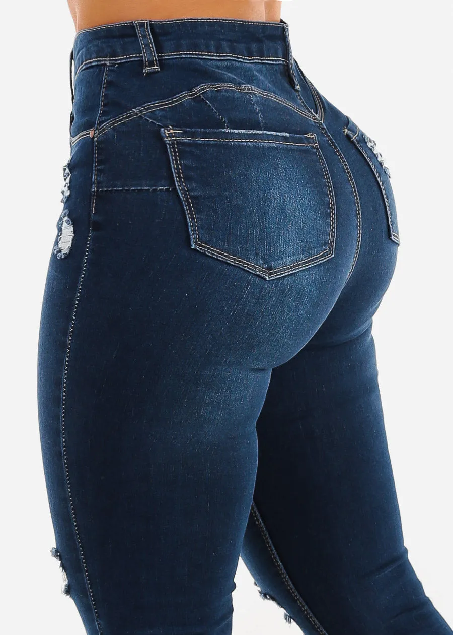 Butt Lift High Waist Distressed Skinny Jeans Dark Blue sold by Moda