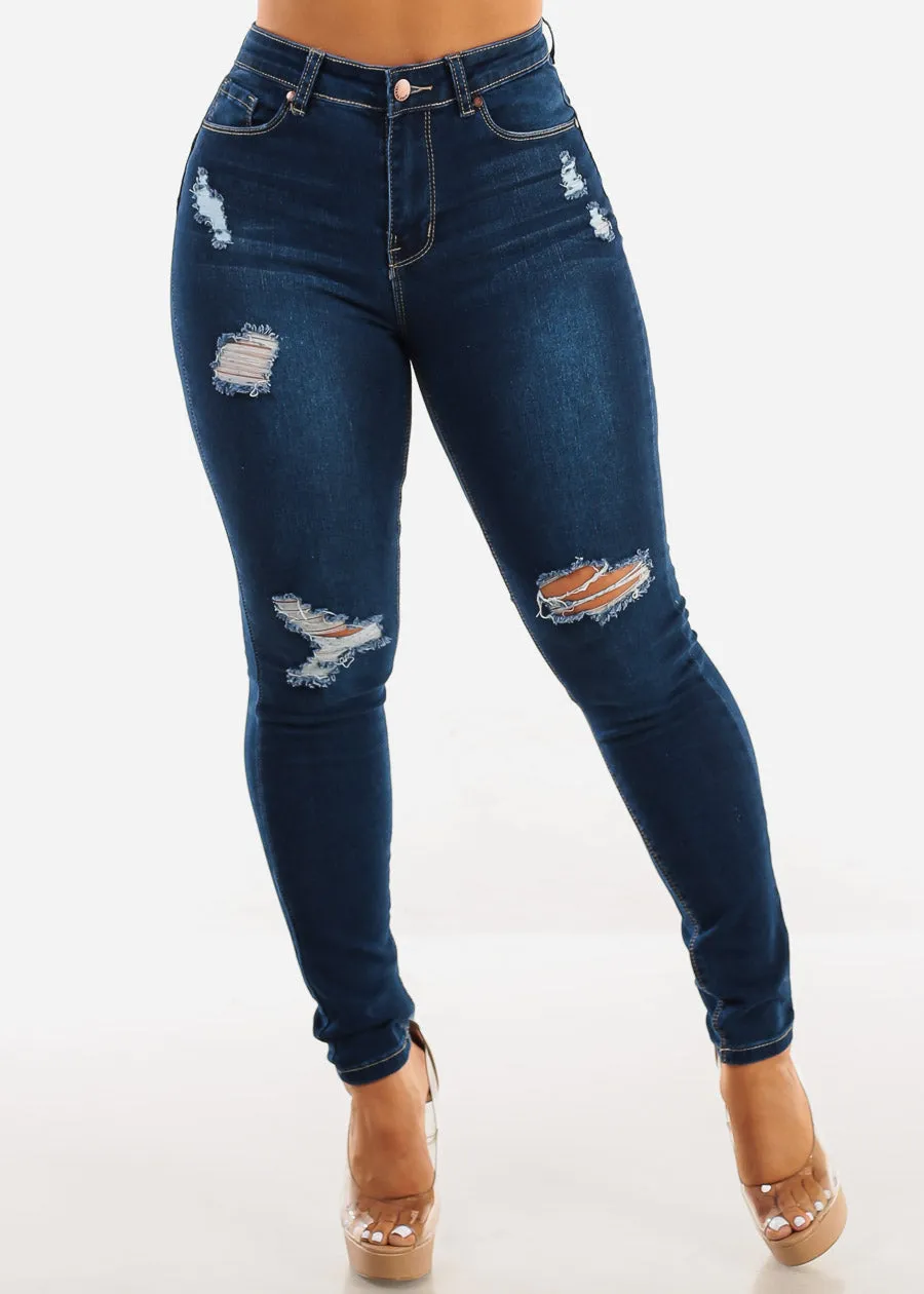 Butt Lift High Waist Distressed Skinny Jeans Dark Blue sold by Moda product image thumbnail 3