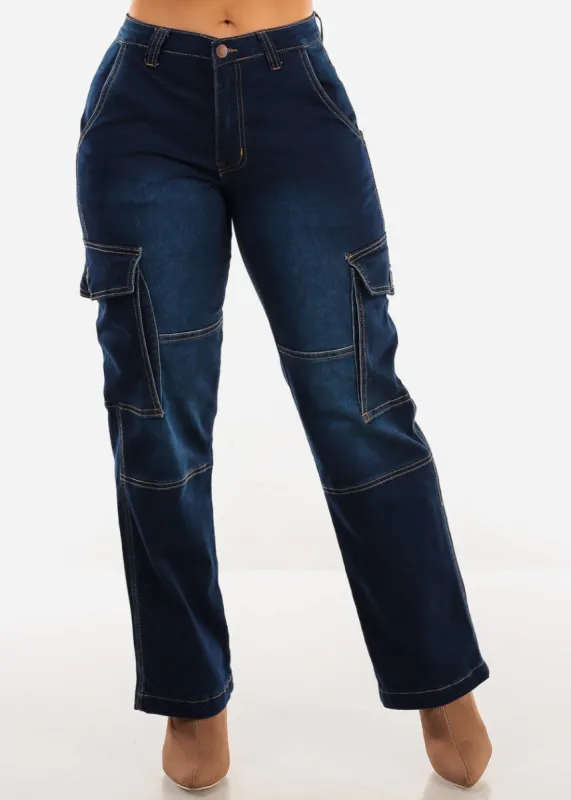 Mid Rise Straight Wide Leg Cargo Jeans Dark Blue sold by Moda