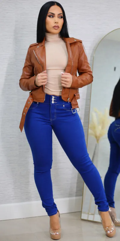 Pleather Turtleneck Butt Lift Denim Trio sold by Moda