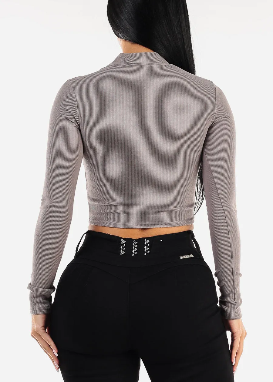 Long Sleeve Grey Mock Neck Cut Out Crop Top sold by Moda product image thumbnail 4