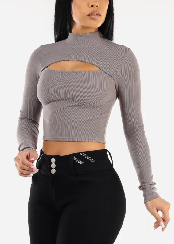 Long Sleeve Grey Mock Neck Cut Out Crop Top sold by Moda