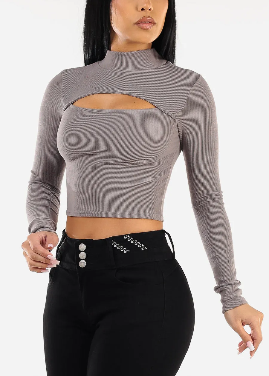 Long Sleeve Grey Mock Neck Cut Out Crop Top sold by Moda