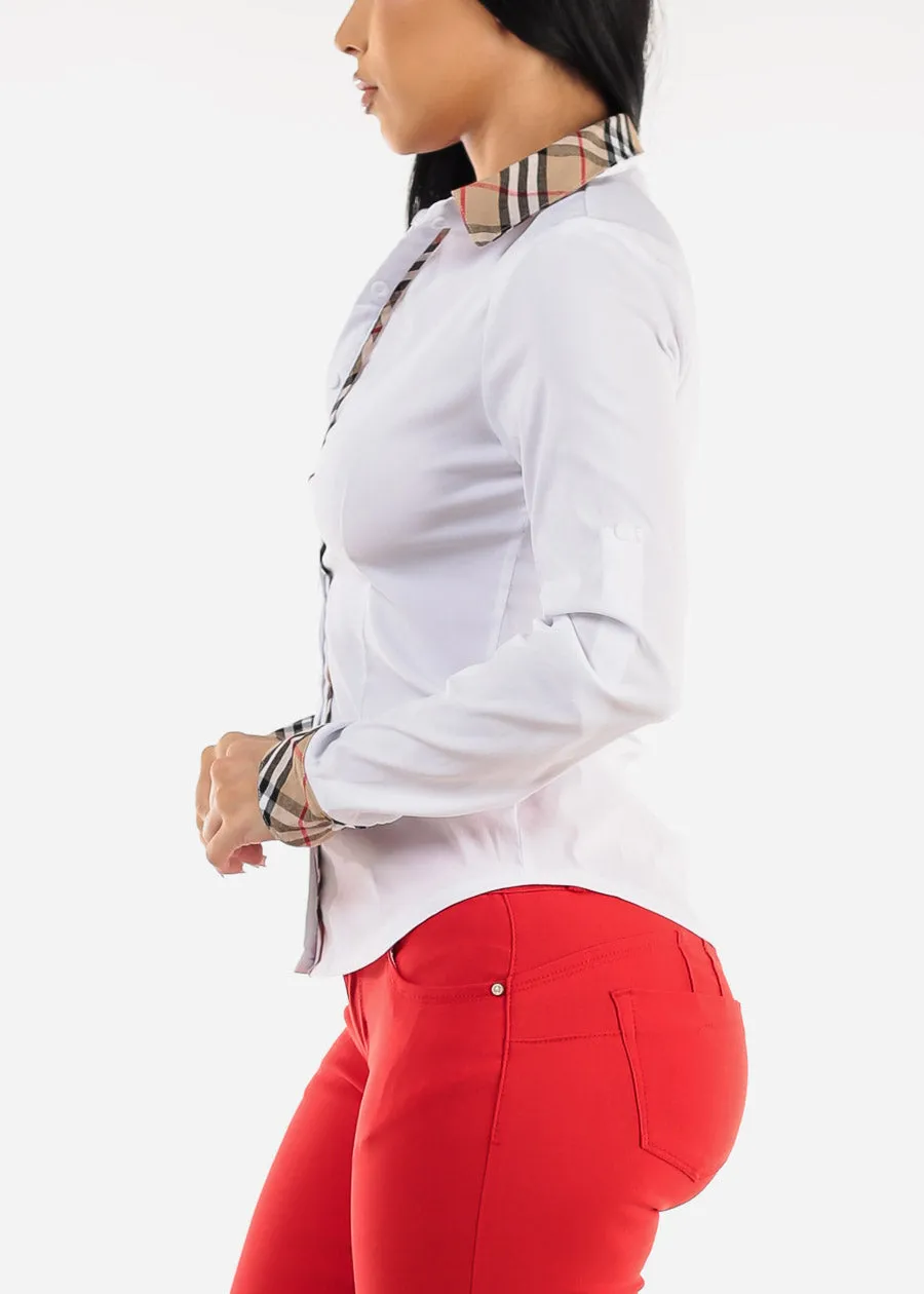 Long Sleeve Button Up White Shirt w Plaid Trim sold by Moda product image thumbnail 3