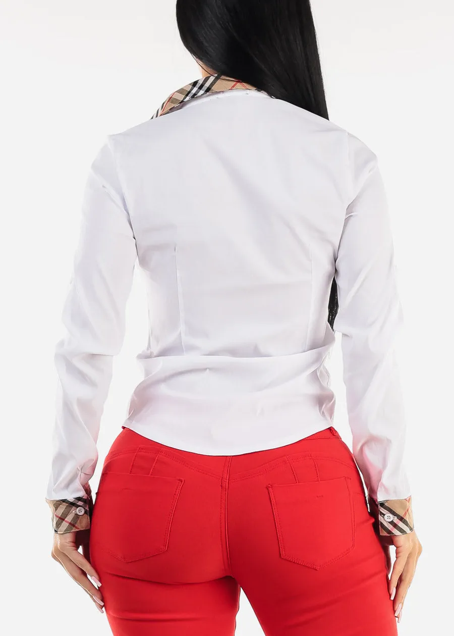 Long Sleeve Button Up White Shirt w Plaid Trim sold by Moda product image thumbnail 4
