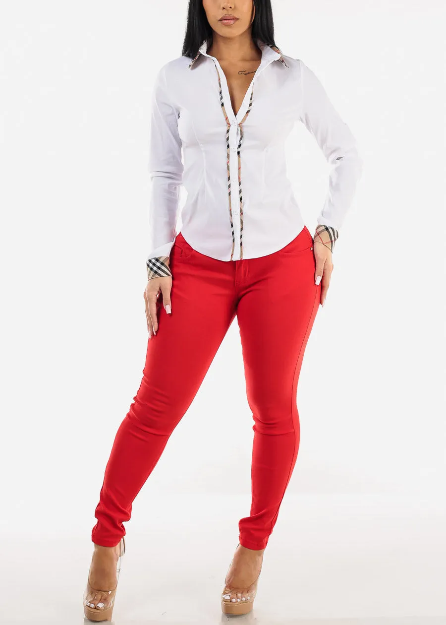 Long Sleeve Button Up White Shirt w Plaid Trim sold by Moda product image thumbnail 2