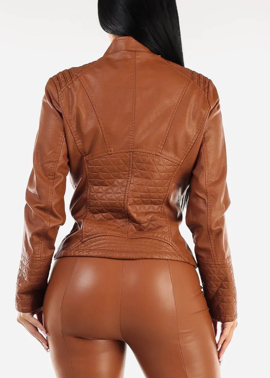 Long Sleeve Zip Up Vegan Leather Textured Jacket Camel sold by Moda product image thumbnail 4