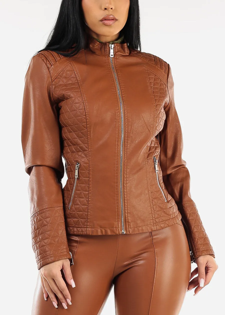 Long Sleeve Zip Up Vegan Leather Textured Jacket Camel sold by Moda product image thumbnail 5