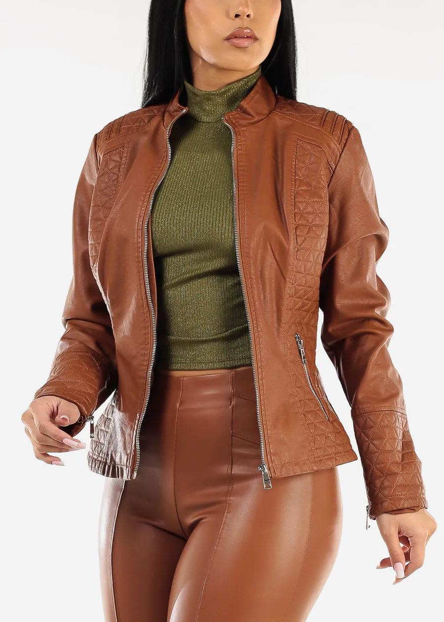 Long Sleeve Zip Up Vegan Leather Textured Jacket Camel sold by Moda