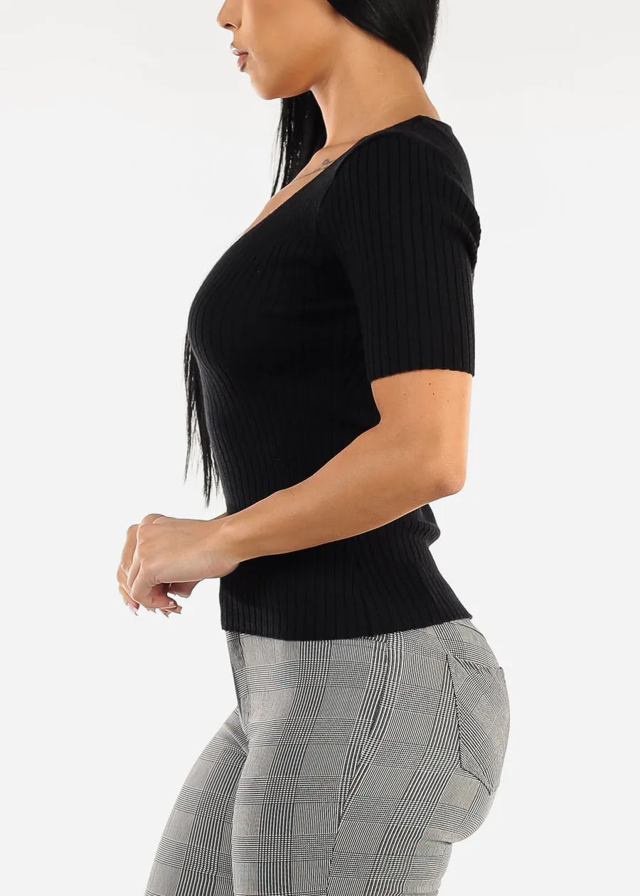 Black Short Sleeve V-Neck Rib Knit Sweater Top sold by Moda product image thumbnail 4