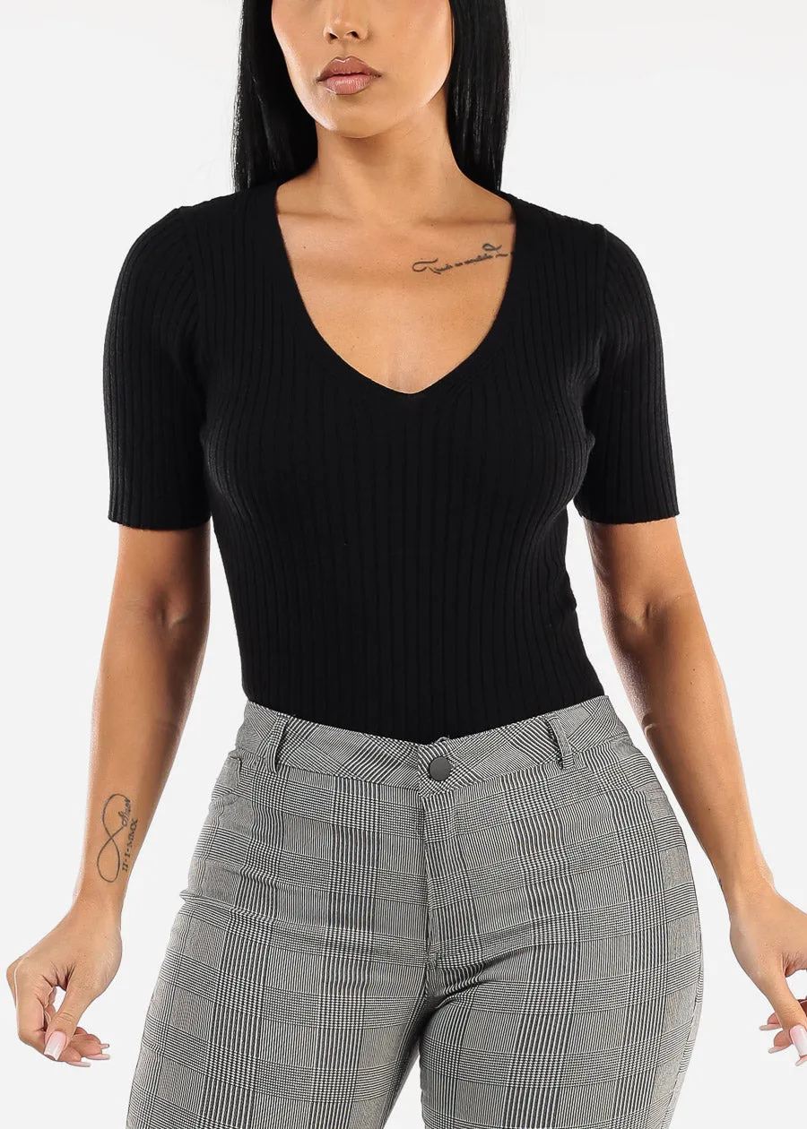Black Short Sleeve V-Neck Rib Knit Sweater Top sold by Moda