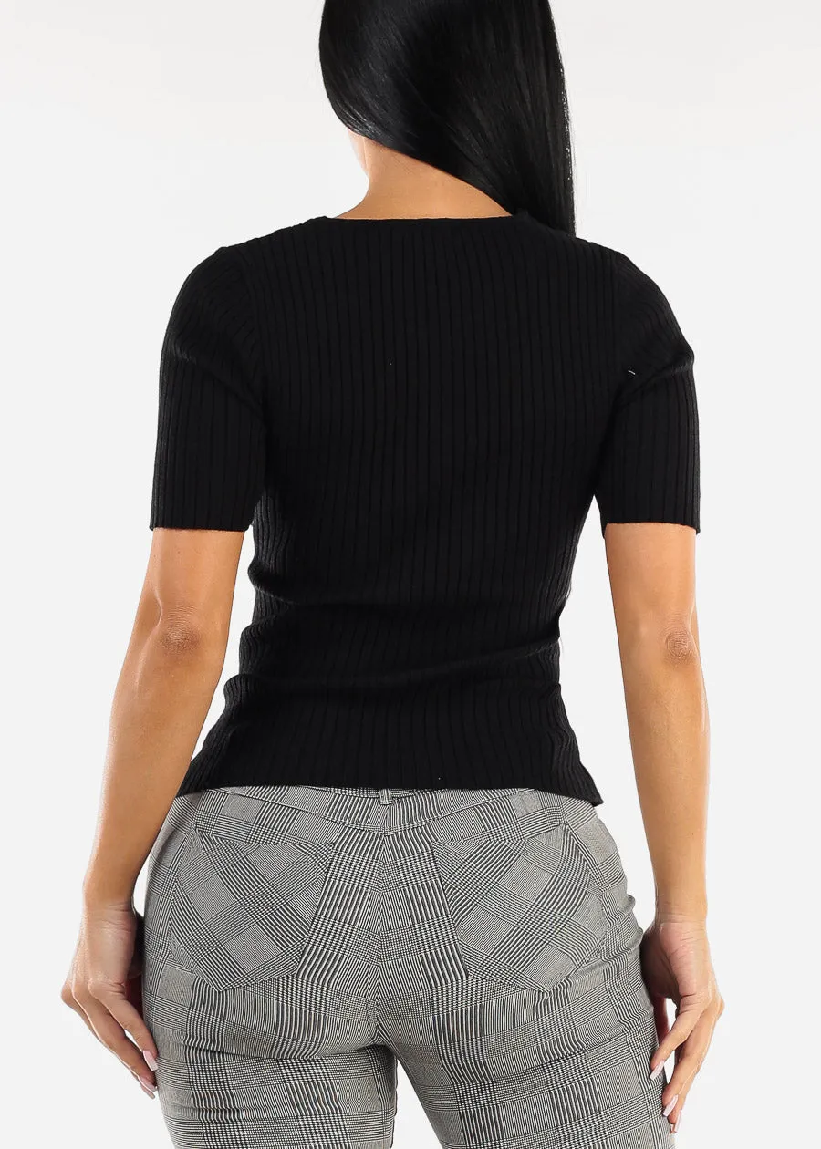 Black Short Sleeve V-Neck Rib Knit Sweater Top sold by Moda product image thumbnail 5