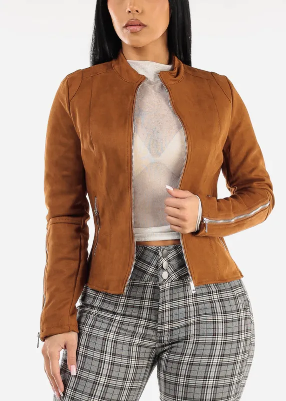 Zip Up Long Sleeve Suede Jacket Camel sold by Moda