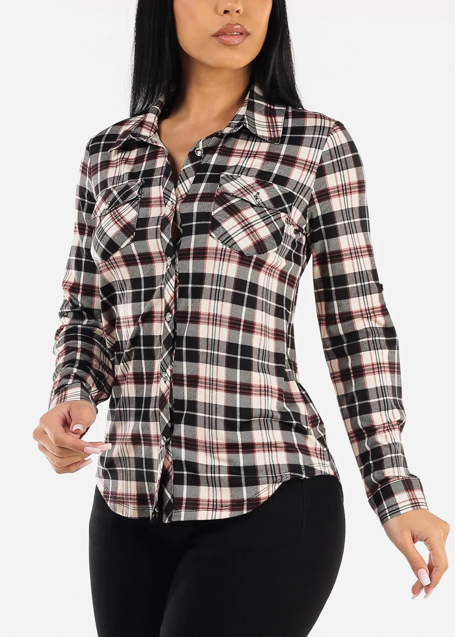Long Sleeve Button Up Plaid Shirt Black sold by Moda