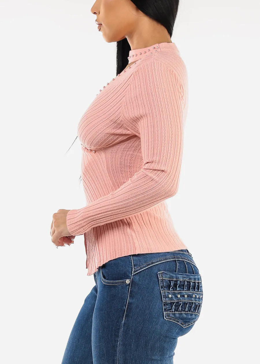 Long Sleeve Cut Out Cross Wrap Sweater Pink sold by Moda product image thumbnail 3