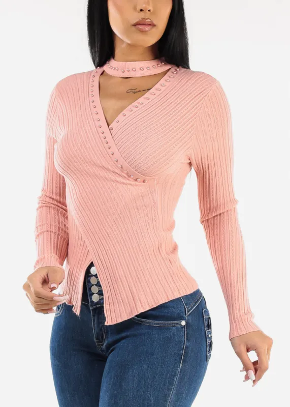 Long Sleeve Cut Out Cross Wrap Sweater Pink made by Moda