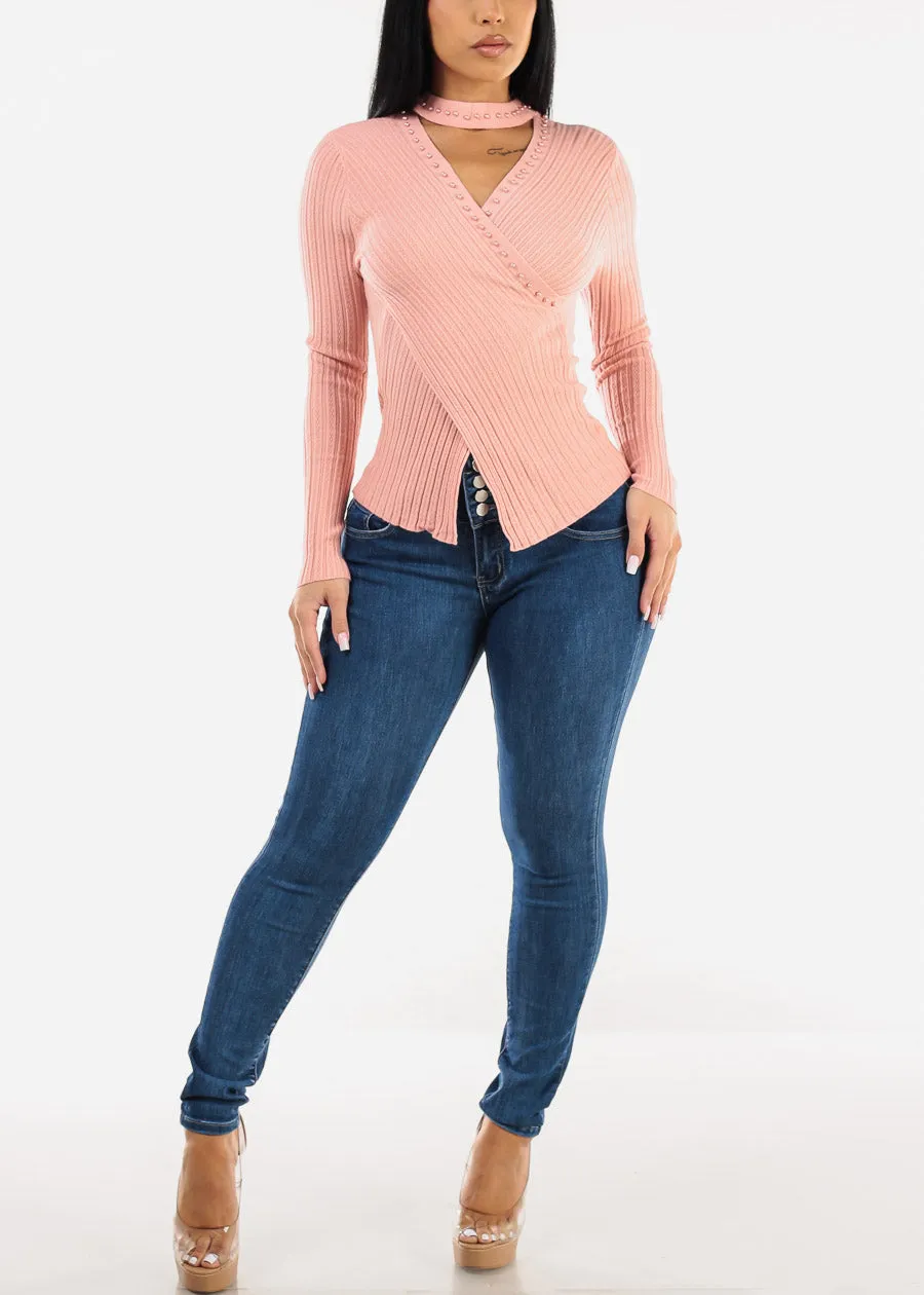 Long Sleeve Cut Out Cross Wrap Sweater Pink sold by Moda product image thumbnail 2