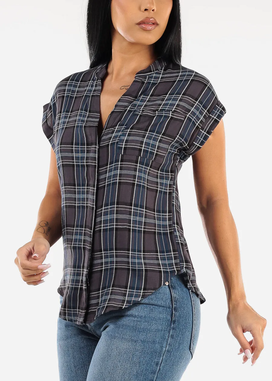 Short Sleeve Button Up Plaid Shirt Grey sold by Moda