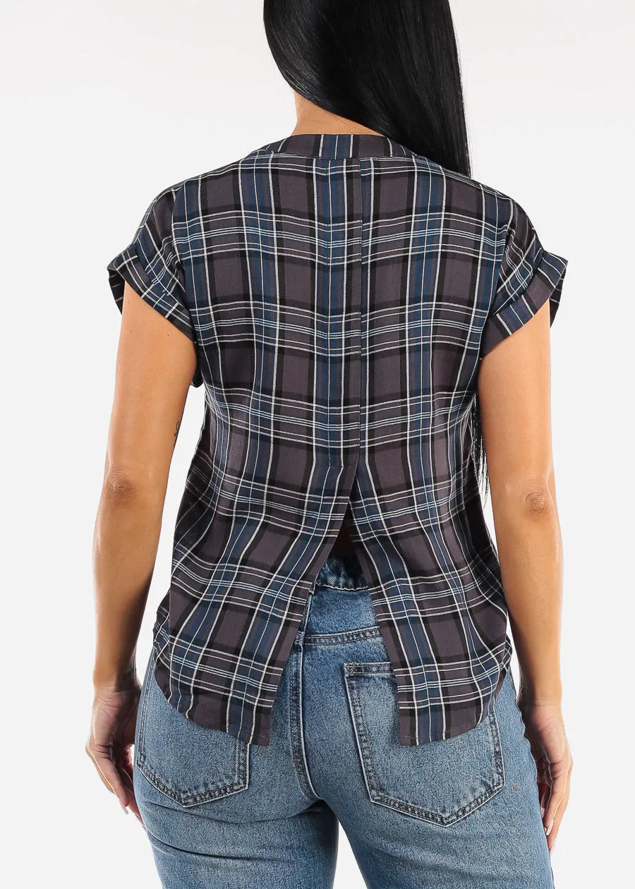 Short Sleeve Button Up Plaid Shirt Grey sold by Moda product image thumbnail 4