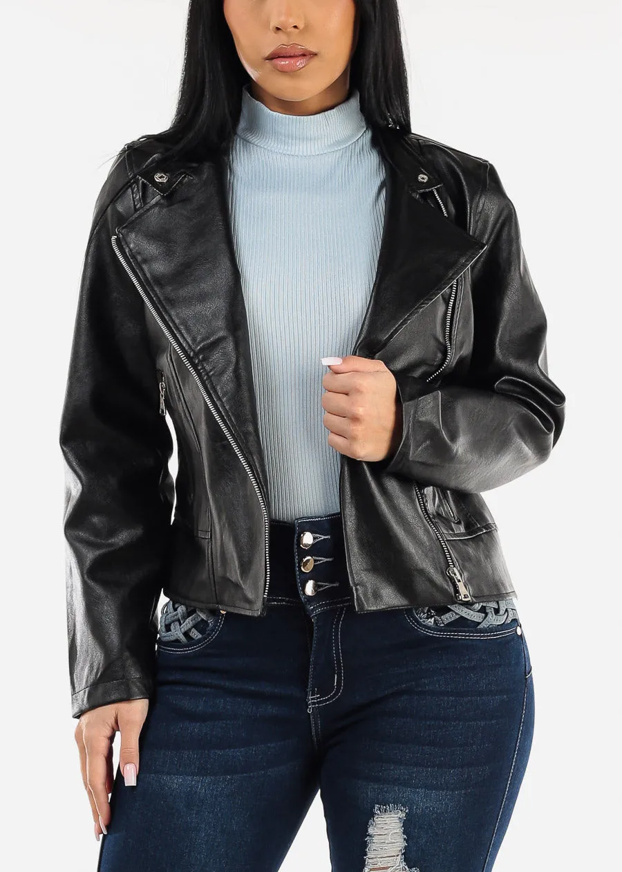 Black Vegan Leather Zip Up Moto Jacket sold by Moda