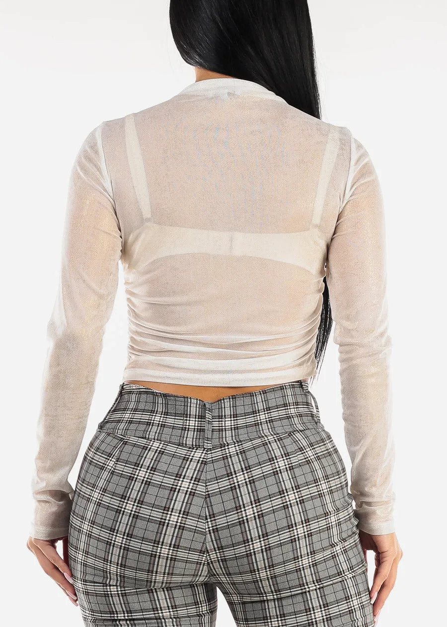 Long Sleeve Glittery Shirred Mesh Top White sold by Moda product image thumbnail 4