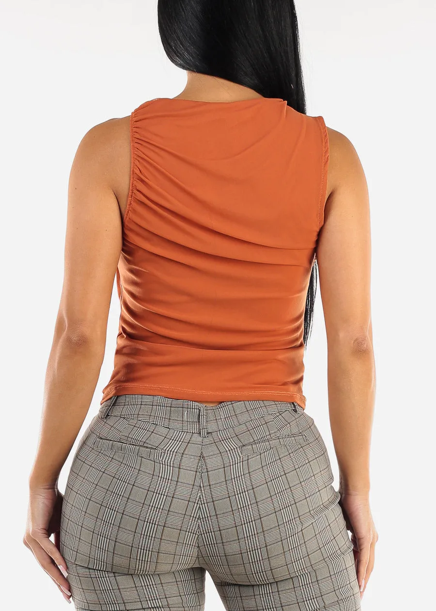 Sleeveless Crewneck Ruched Mesh Blouse Rust sold by Moda product image thumbnail 4