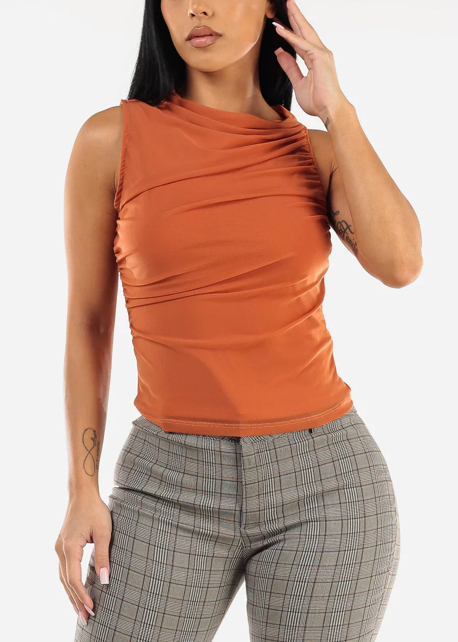 Sleeveless Crewneck Ruched Mesh Blouse Rust sold by Moda