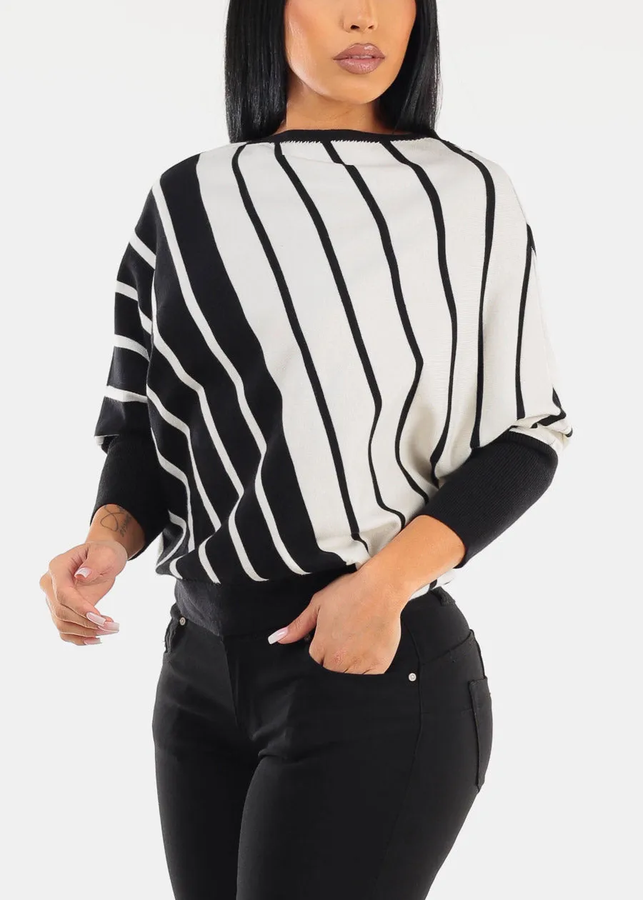 Quarter Sleeve Boat Neckline Stripe Sweater B&W sold by Moda