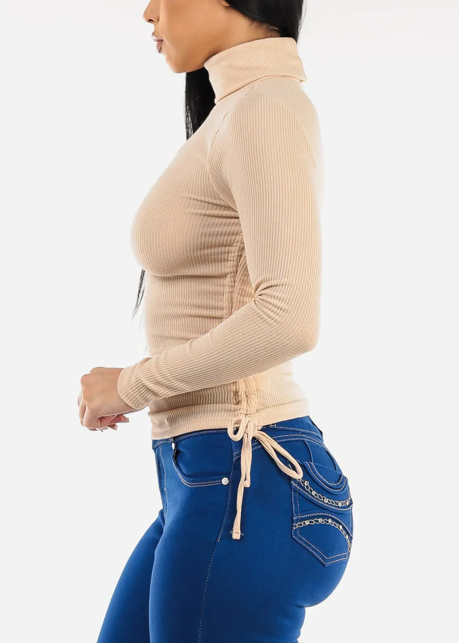 Long Sleeve Turtleneck Side Ruched Sweater Top Beige sold by Moda product image thumbnail 3