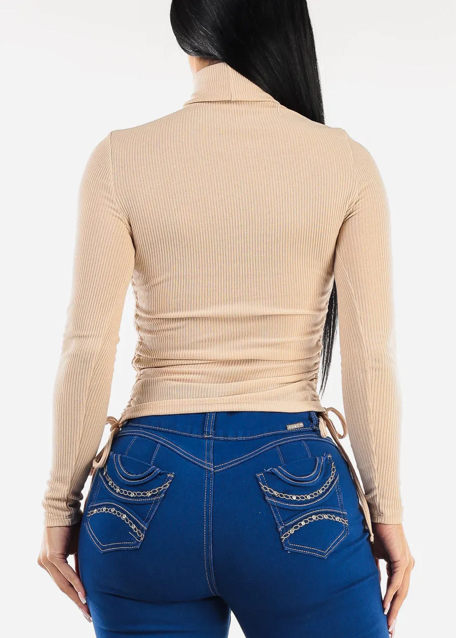 Long Sleeve Turtleneck Side Ruched Sweater Top Beige sold by Moda product image thumbnail 4