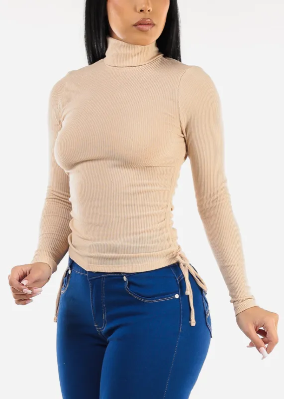 Long Sleeve Turtleneck Side Ruched Sweater Top Beige sold by Moda