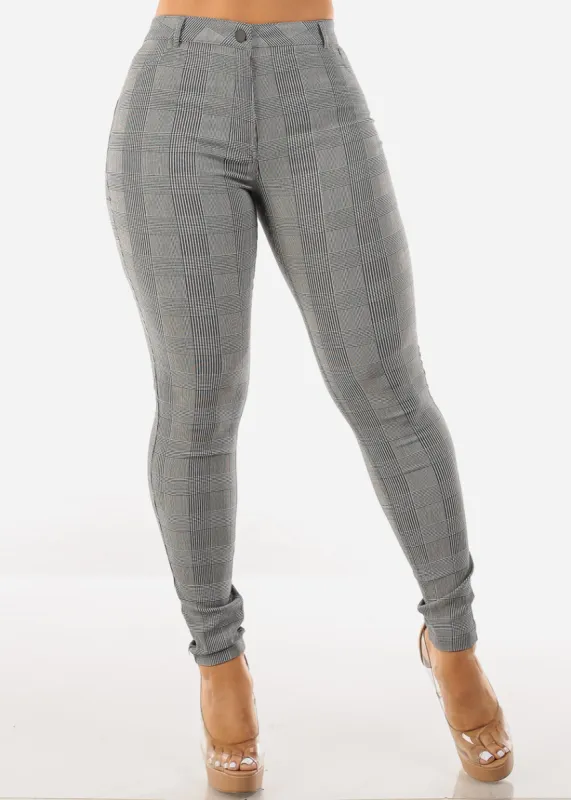 High Waisted Plaid Skinny Pants Black & White sold by Moda