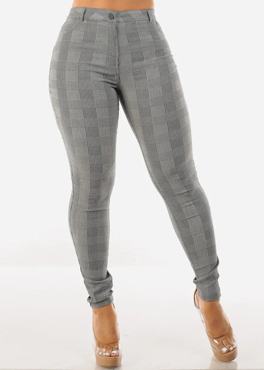 High Waisted Plaid Skinny Pants Black & White sold by Moda