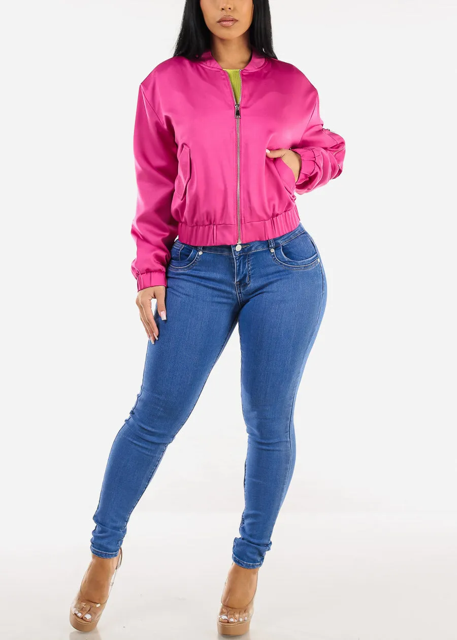 Long Sleeve Zip Up Satin Bomber Jacket Magenta sold by Moda product image thumbnail 2