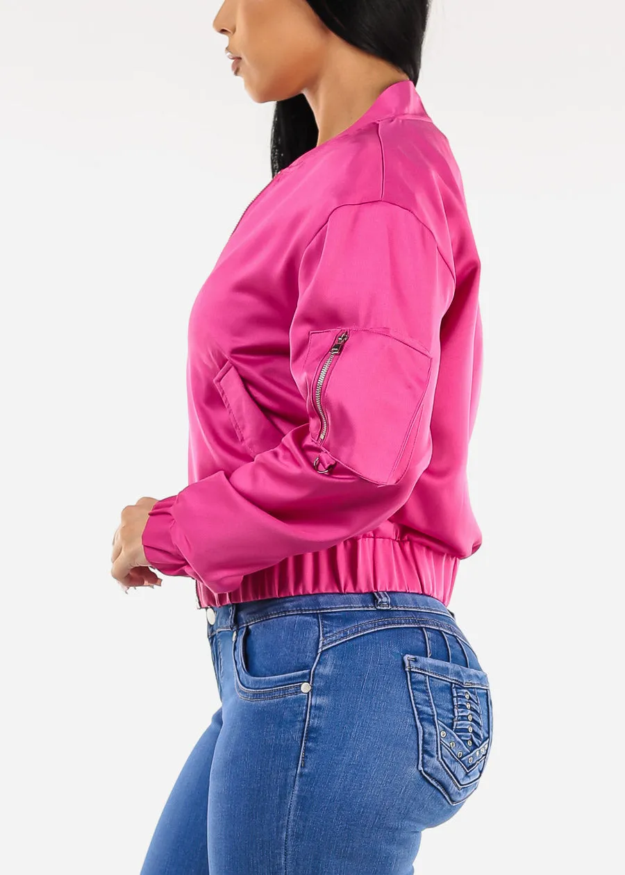 Long Sleeve Zip Up Satin Bomber Jacket Magenta sold by Moda product image thumbnail 3