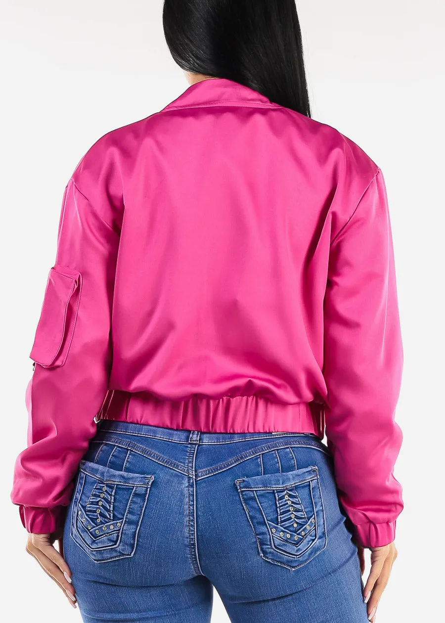 Long Sleeve Zip Up Satin Bomber Jacket Magenta sold by Moda product image thumbnail 4