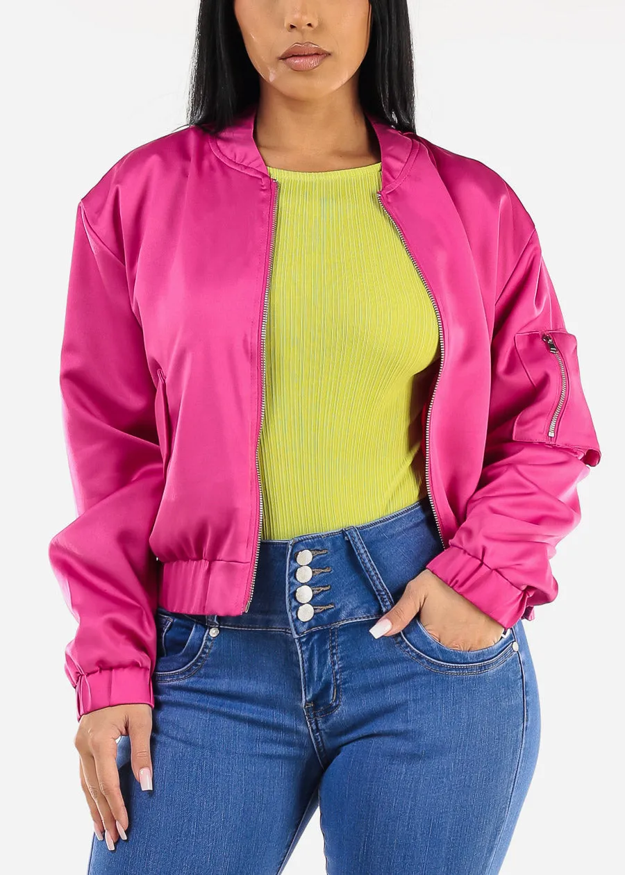 Long Sleeve Zip Up Satin Bomber Jacket Magenta sold by Moda