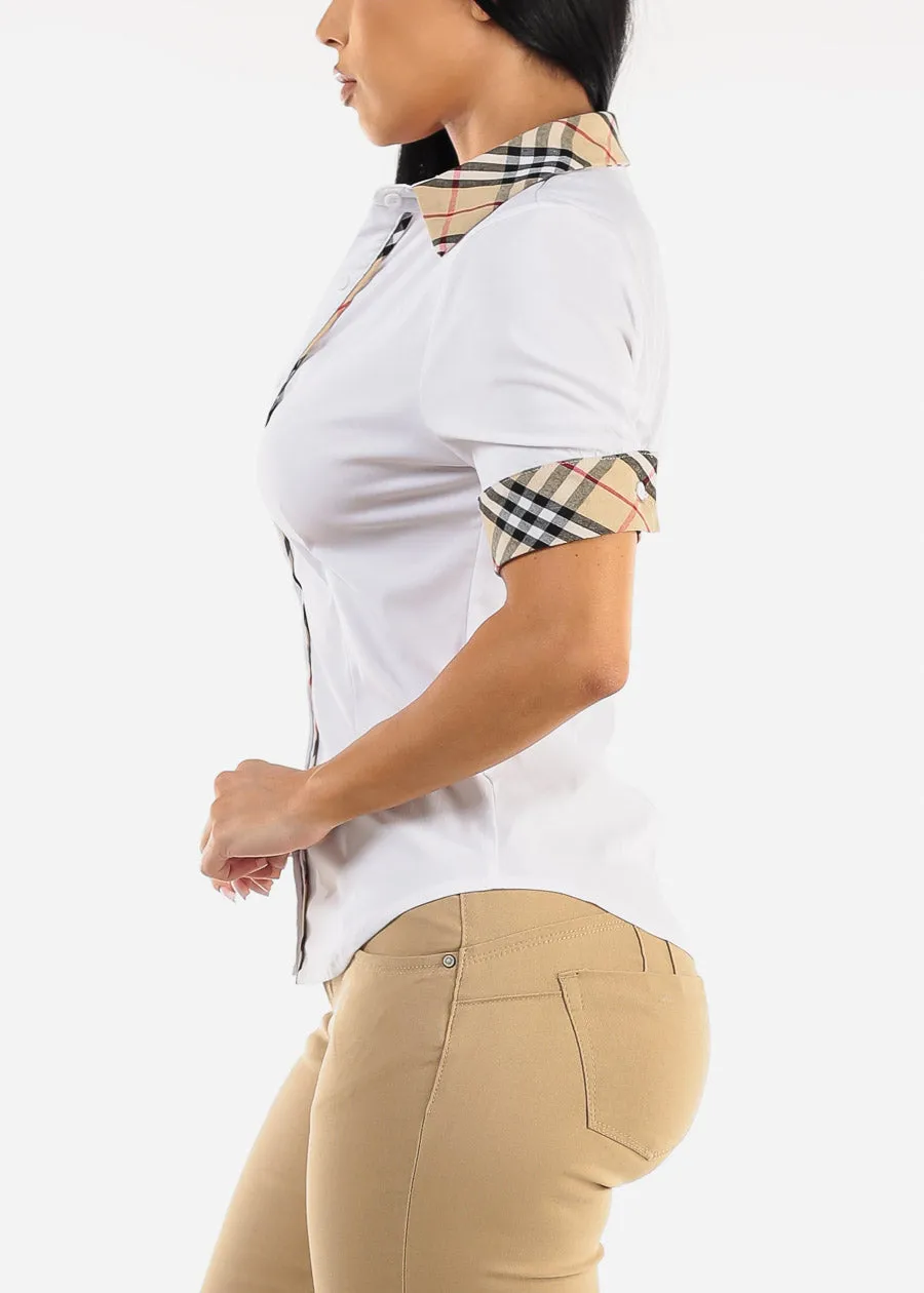 Short Sleeve Button Up White Shirt w Plaid Trim sold by Moda product image thumbnail 3