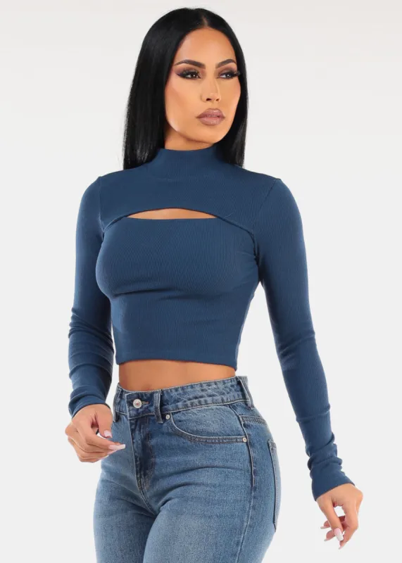 Long Sleeve Navy Mock Neck Cut Out Crop Top sold by Moda