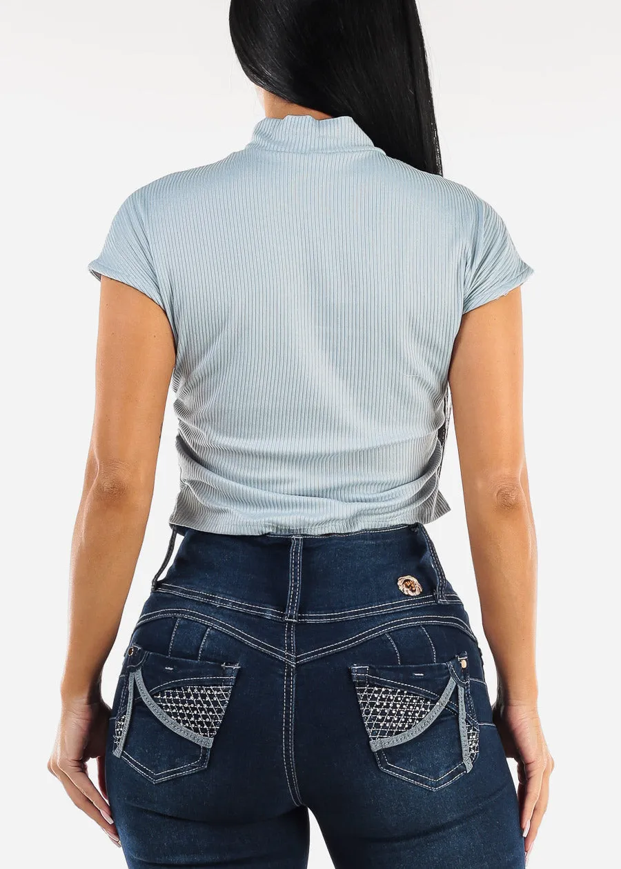 Short Sleeve Mock Neck Glittery Crop Top Sky Blue sold by Moda product image thumbnail 4