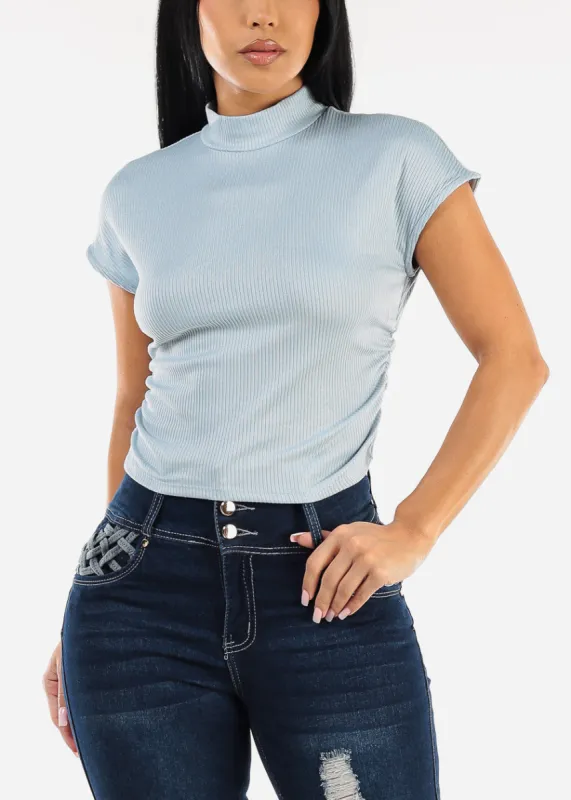 Short Sleeve Mock Neck Glittery Crop Top Sky Blue sold by Moda