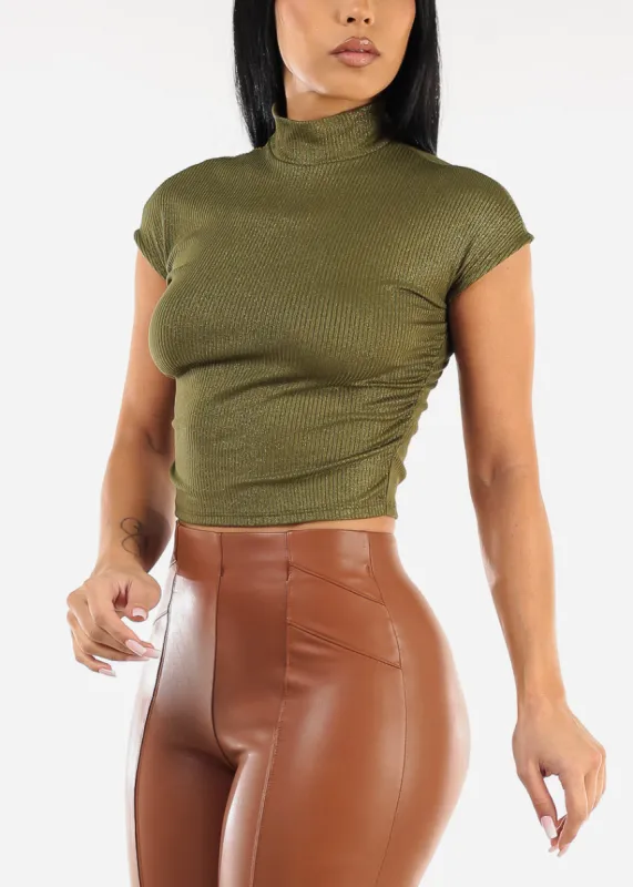 Short Sleeve Mock Neck Glittery Crop Top Olive sold by Moda
