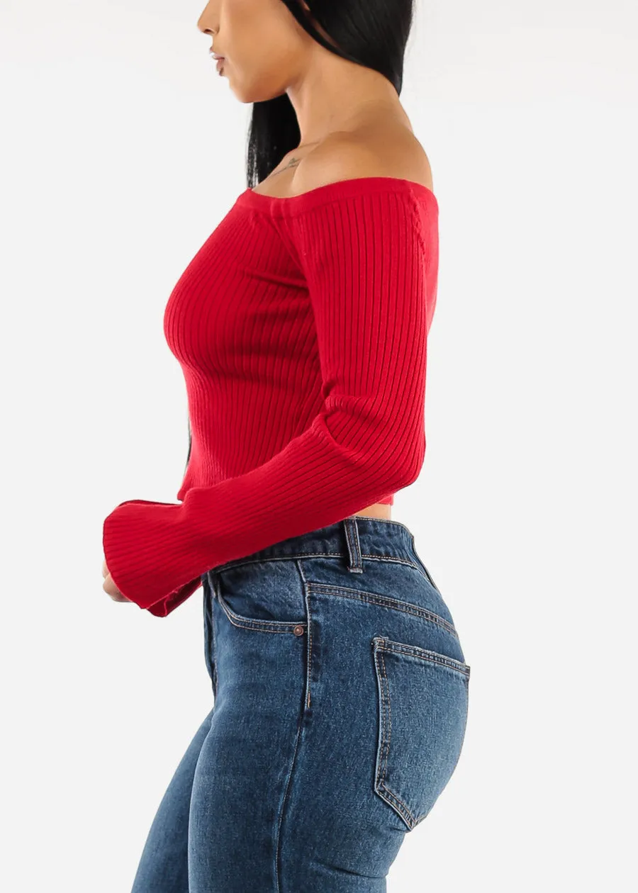 Off Shoulder Long Sleeve Red Cropped Sweater sold by Moda product image thumbnail 3
