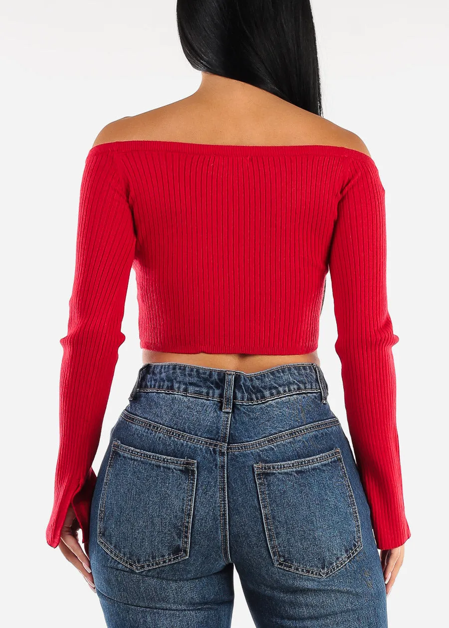Off Shoulder Long Sleeve Red Cropped Sweater sold by Moda product image thumbnail 4