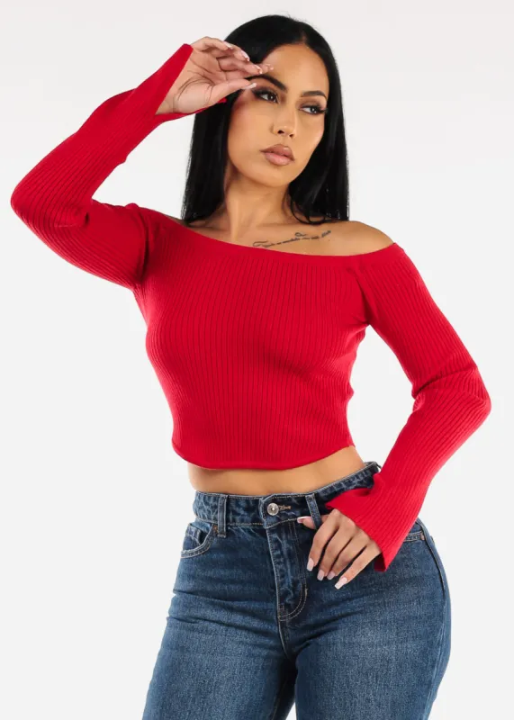 Off Shoulder Long Sleeve Red Cropped Sweater sold by Moda